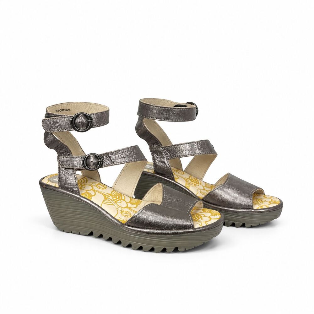 FLY London Metallic Leather Wedge Sandals Women 39 Platform Strappy Comfort